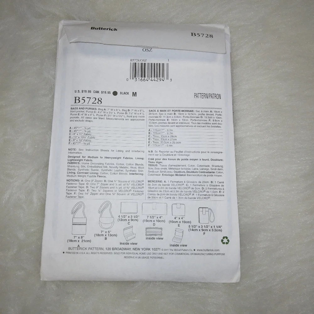 BUTTERICK B5728 Bags and purses by Waverly